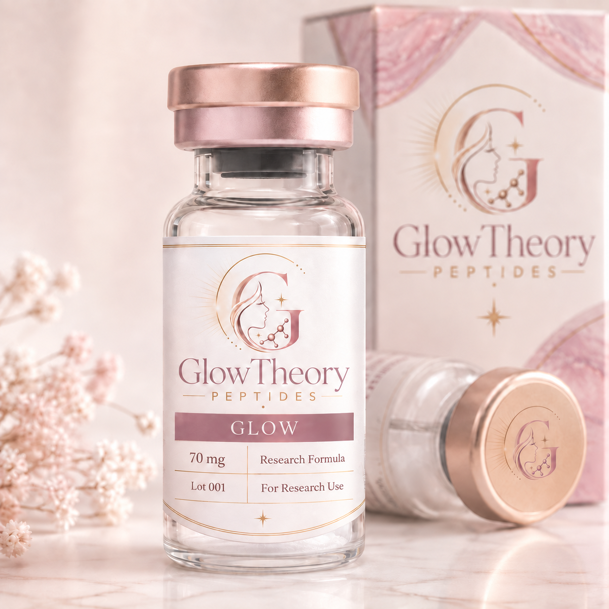 GlowTheory GLOW research vial with a rose-gold cap and matching blush packaging