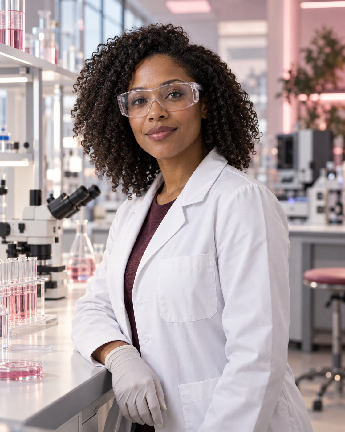 Confident woman scientist working in a modern rose-accented laboratory